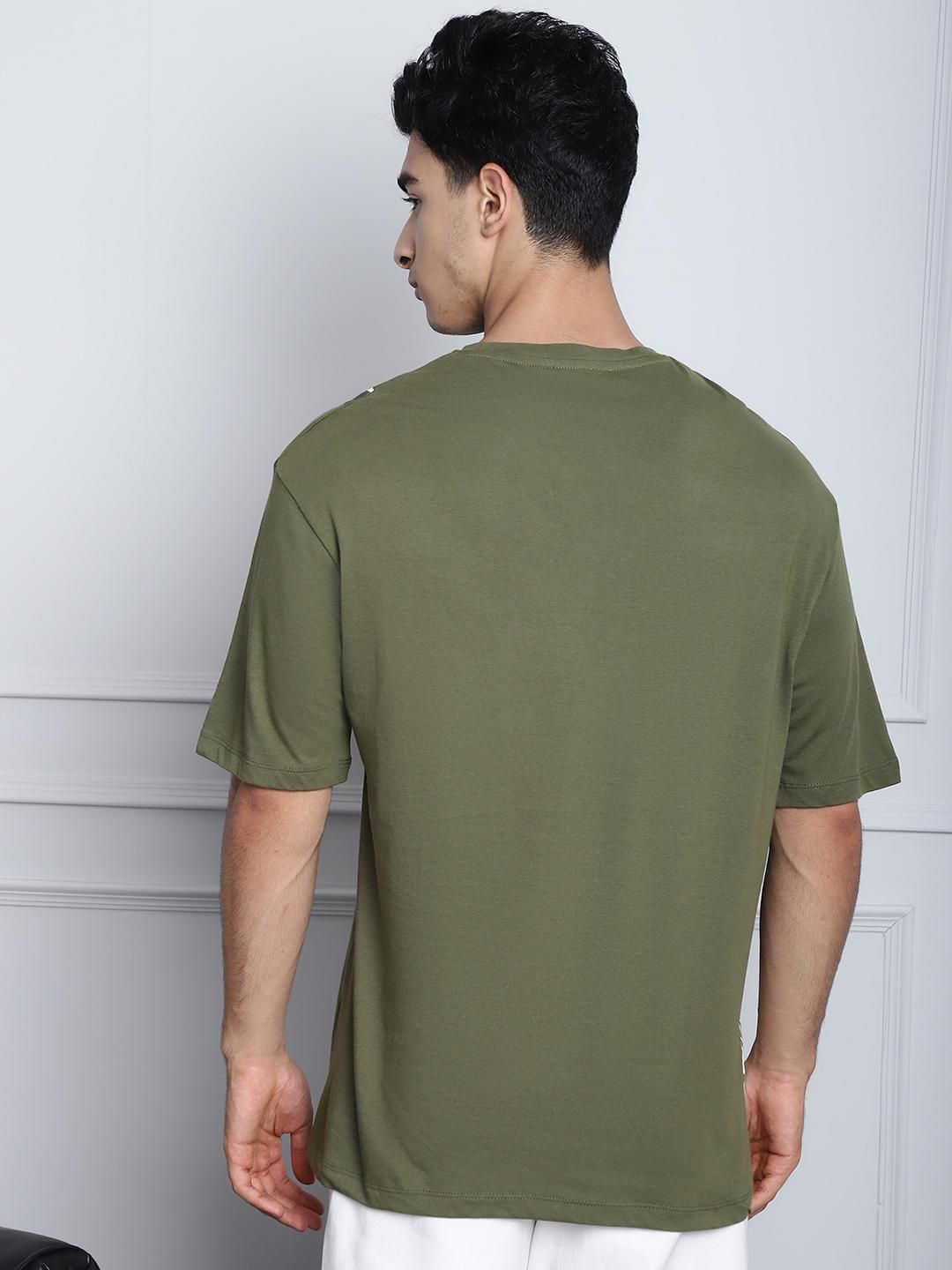 DOOR 74 Mens Leaf Print Olive Color Oversize Tshirt